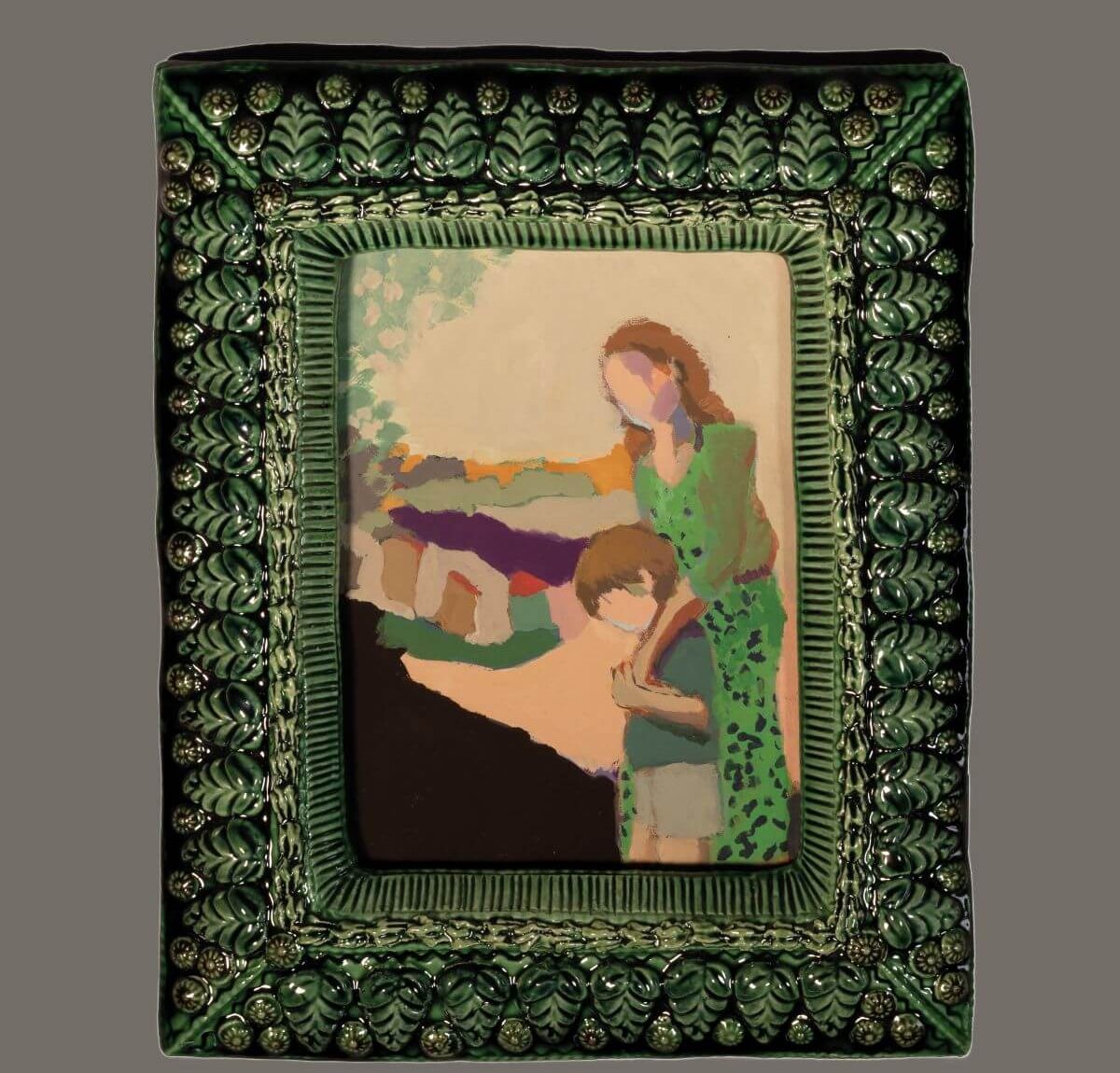 Sophy MacKeith et Virginia Crofts, Tendresse maternalle, 2026, faïence émaillée et acrylique sur toile, h. 26 x 21 cm Sophy MacKeith et Virginia Crofts, Tendresse maternalle, 2026, faïence émaillée et acrylique sur toile, h. 26 x 21 cm